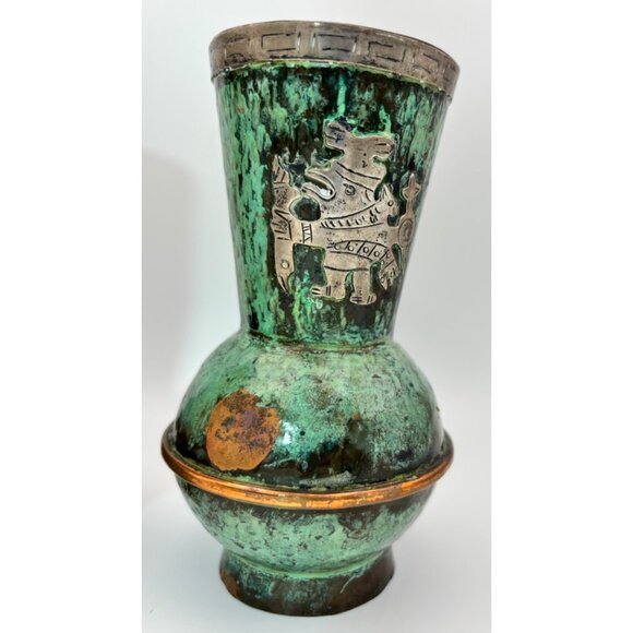 Mexican Mid-Century Silver Inlay Verdigris Vessels Matching pair 5" Tall - Picture 3 of 7